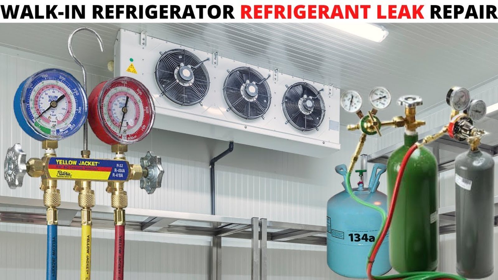 Walk-in refrigerator refrigerant leak repair with gauges and refrigerant cylinders